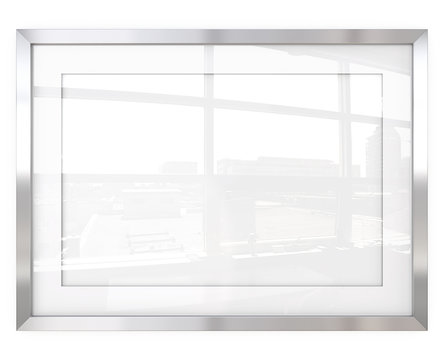 Abstract Steel Frame. 3D Render Of Metal Frame With White Passe-partout. Urban Reflection On Glass.