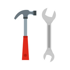 Hammer and wrench icon in flat style isolated on white background. Tools symbol vector illustration