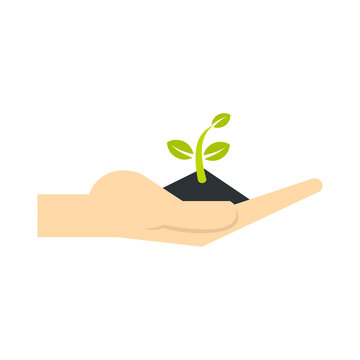 Plant in hand icon in flat style isolated on white background. Seedling symbol vector illustration
