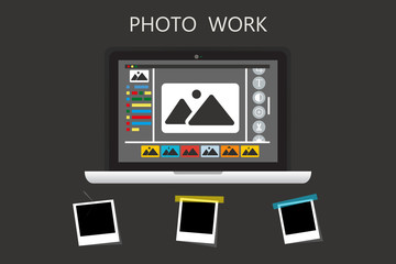 Laptop Icon on gray backgroud with photo frame.Photo work ,Photo business. Journalist photographs illustration