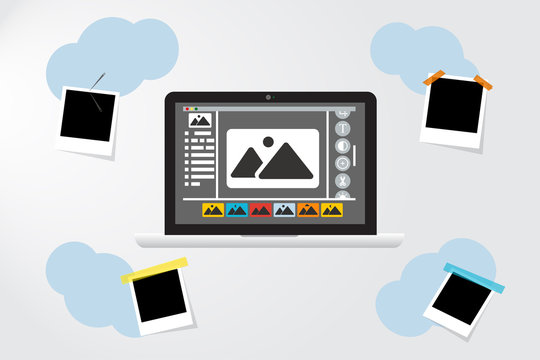 Laptop Icon on gray backgroud .Photo frame near clouds. Keep photos in the cloud