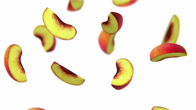 Lobules of peach falling on white background, alpha channel, CG