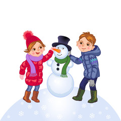 boy and girl make a snowman
