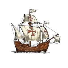 Columbus Day poster. Sailing ship floating on the sea waves. Caravel Santa Maria.