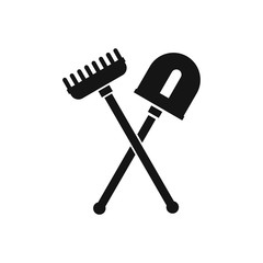 Shovel and rake icon in simple style isolated on white background. Tool symbol vector illustration