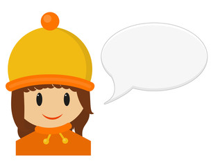 Isolated illustration of smiling young girl in winter cloth with speech bubble, girl is wearing yellow and orange hat and sweater with scarf, isolated on white