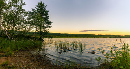 Forest lake.Summer evening on the shores of forest lake