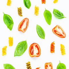 Italian food concept pasta with tomato and sweet basil isolate o