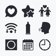 Condom safe sex icons. Lovers couple sign.