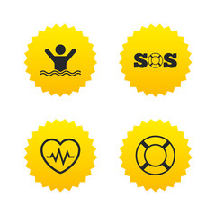 SOS lifebuoy icon. Heartbeat cardiogram.