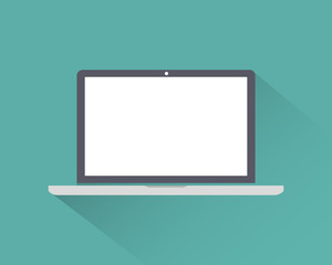 Laptop icon flat style with shadow isolated on a green background, vector illustration for web design