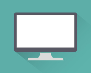 Monitor PC icon flat style with shadow isolated on a green background, vector illustration for web design