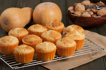 Homebaked Cupcakes In Paper Cases. Wooden Table. Pumpkins.