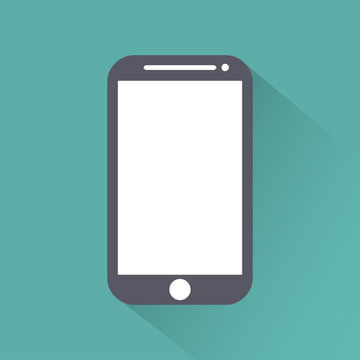 Mobile phone flat style icon with shadow isolated on a green background, vector illustration for web design