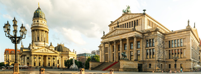 Fototapeta na wymiar Panoramic Gendarmenmarkt square with German Cathedral