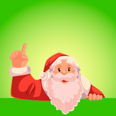 Santa Claus pointing up to a text above, cartoon style vector illustration on green background. Half length portrait of Santa drawing attention to text above and pointing up