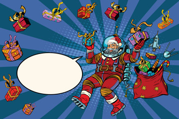 Space Santa Claus in zero gravity with Christmas gifts