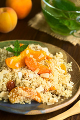 Couscous dessert with apricots, yellow raisins, coconut flakes and cinnamon, photographed with natural light (Selective Focus, Focus on the apricots in the middle of the dessert and on the leaf)