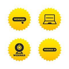 Webinar icons. Web camera and notebook pc signs.