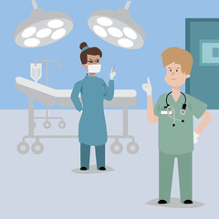 Medicine concept in flat style with a physician and surgeon on hospital background