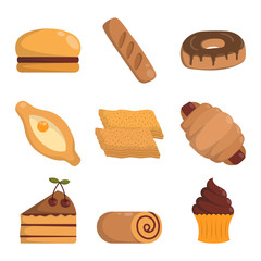 Vector illustration of bakery product food collection. Breakfast wheat meal chocolate dessert bakery products. Fresh grain product bun roll bakery products grocery health diet snack gourmet cereal.