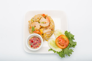 Fried rice with shrimp on the white dish