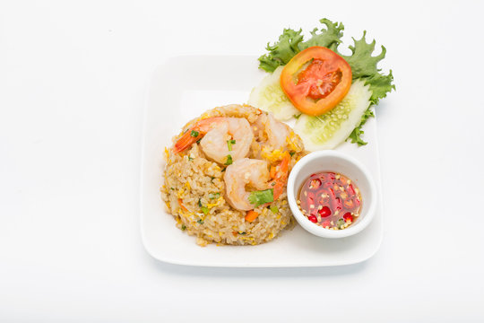Fried rice with shrimp on the white dish