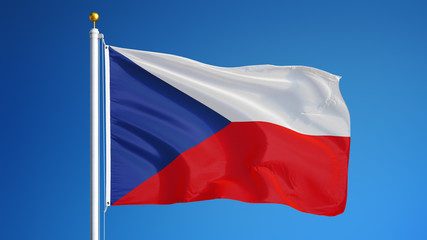 Fototapeta na wymiar Czech flag waving against clean blue sky, close up, isolated with clipping path mask alpha channel transparency