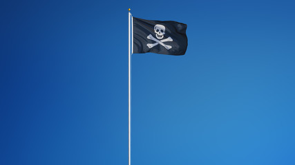 Pirate flag waving against clean blue sky, long shot, isolated with clipping path mask alpha...