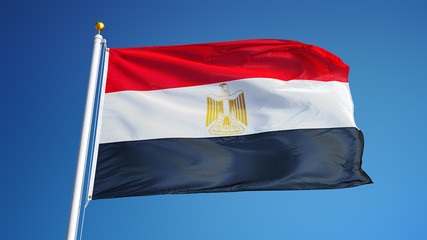 Naklejka na ściany i meble Egypt flag waving against clean blue sky, close up, isolated with clipping path mask alpha channel transparency