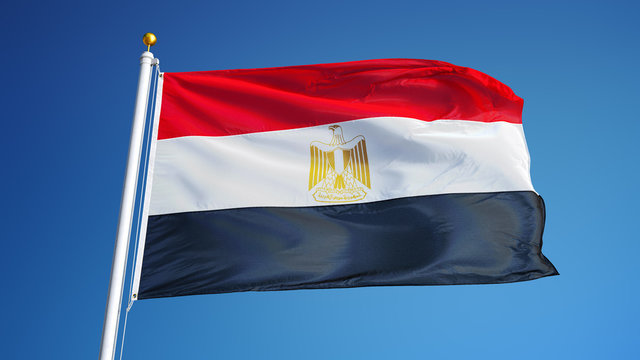 Egypt flag waving against clean blue sky, close up, isolated with clipping path mask alpha channel transparency