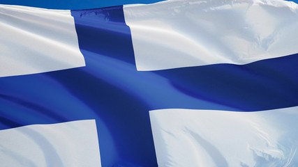 Finland flag waving against clean blue sky, close up, isolated with clipping path mask alpha channel transparency