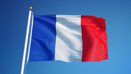Fototapeta na wymiar France flag waving against clean blue sky, close up, isolated with clipping path mask alpha channel transparency