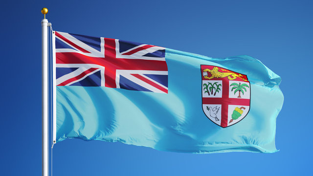 Fiji flag waving against clean blue sky, close up, isolated with clipping path mask alpha channel transparency - Powered by Adobe