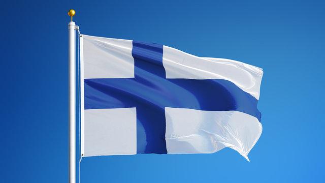 Finland flag waving against clean blue sky, close up, isolated with clipping path mask alpha channel transparency
