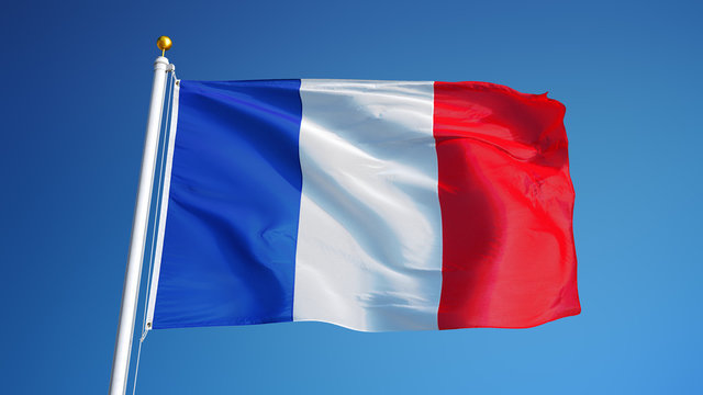 France flag waving against clean blue sky, close up, isolated with clipping path mask alpha channel transparency