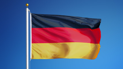 Germany flag waving against clean blue sky, close up, isolated with clipping path mask alpha channel transparency
