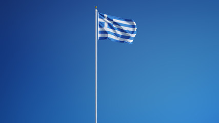 Greece flag waving against clean blue sky, long shot, isolated with clipping path mask alpha channel transparency