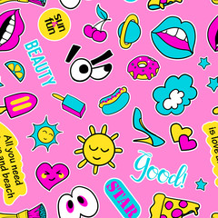 Seamless pattern with fashion patch badges. Pop art. Vector background with stickers, pins, patches in cartoon 80s-90s comic style. Lips, eyes, hearts, sun, ice cream, pizza. Vector clip-art.