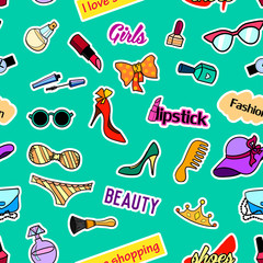 Seamless pattern with fashion patch badges. Pop art. Vector background with stickers, pins, patches in cartoon 80s-90s comic style. Beauty and fashion. Vector clip-art.
