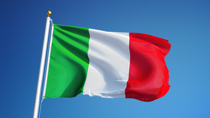 Italy flag waving against clean blue sky, close up, isolated with clipping path mask alpha channel transparency