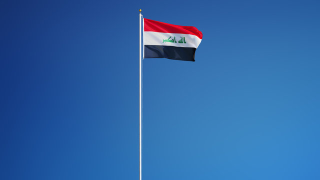Iraq flag waving against clean blue sky, long shot, isolated with clipping path mask alpha channel transparency