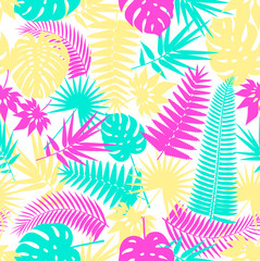 Fototapeta na wymiar Beautiful seamless tropical jungle floral pattern background with palm leaves. Pop art. Trendy style. Bright colors. Vector illustration.