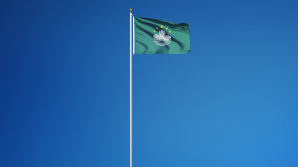 Macau flag waving against clean blue sky, long shot isolated with clipping path mask alpha channel transparency