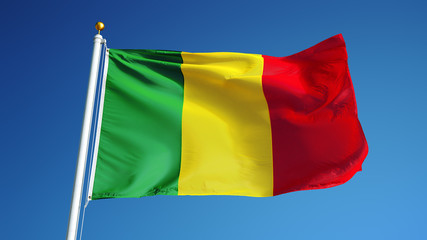 Mali flag waving against clean blue sky, close up, isolated with clipping path mask alpha channel transparency