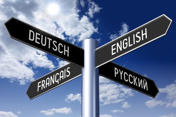 Fototapeta premium Signpost with four arrows - languages concept (English, German, Russian, French).
