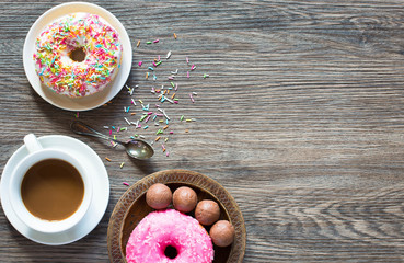 Morning breakfast with colorful Donuts
