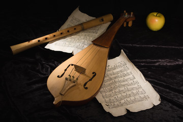 Naklejka premium Renaissance violin (rebec) and alto recorder
