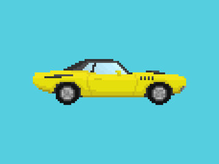 Illustration of yellow sport car in pixel art style