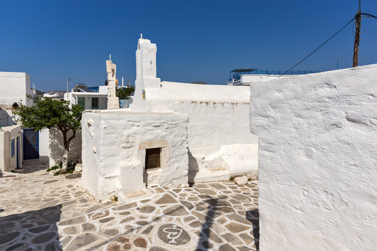 Amazing White chuch and seascape in town of Parakia, Paros island, Cyclades, Greece